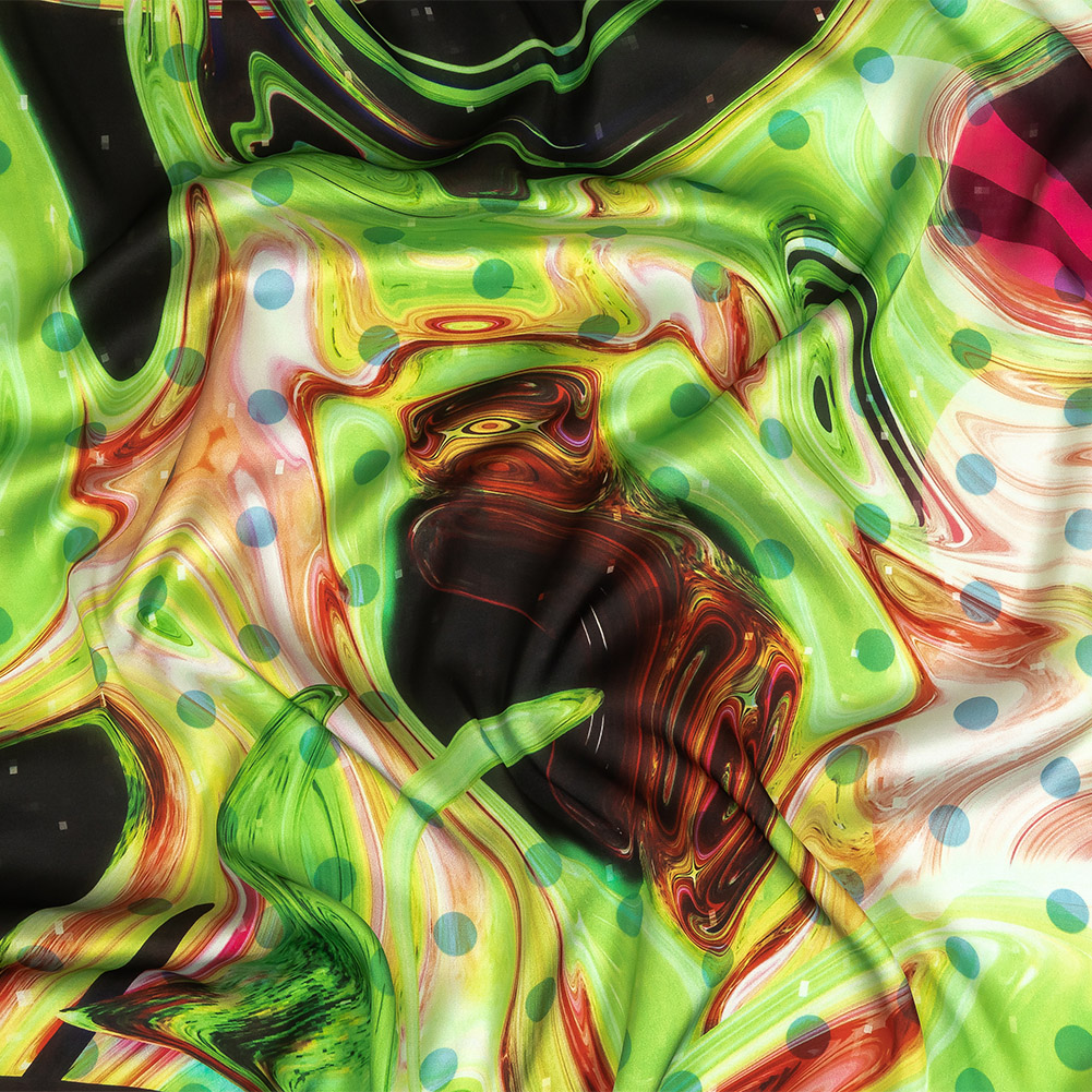 Polyester Charmeuse Print – Lime Green, Pink and Brown Abstract Swirls and Polka Dots – Mood Exclusive Interstellar Polyester Charmeuse Print – Lime Green, Pink and Brown Abstract Swirls and Polka Dots – Mood Exclusive Interstellar