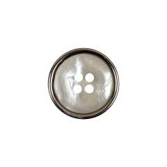 Italian Iridescent White 4 Hole Button with Silver Metal Rim – 28L/18mm Italian Iridescent White 4 Hole Button with Silver Metal Rim – 28L/18mm