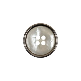 Italian Iridescent White 4 Hole Button with Silver Metal Rim – 28L/18mm Italian Iridescent White 4 Hole Button with Silver Metal Rim – 28L/18mm