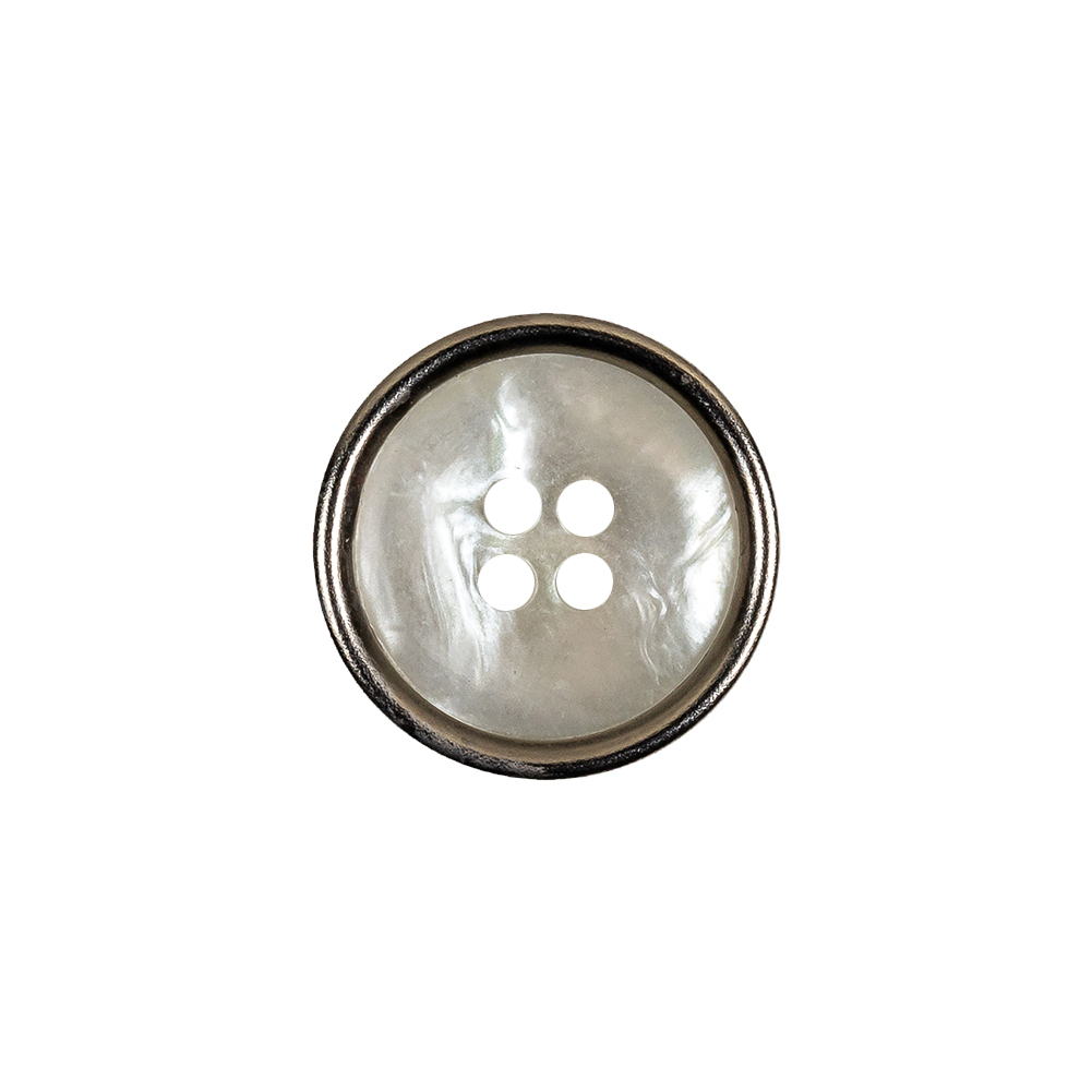 Italian Iridescent White 4 Hole Button with Silver Metal Rim – 28L/18mm Italian Iridescent White 4 Hole Button with Silver Metal Rim – 28L/18mm