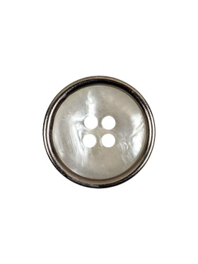 Italian Iridescent White 4 Hole Button with Silver Metal Rim – 28L/18mm Italian Iridescent White 4 Hole Button with Silver Metal Rim – 28L/18mm