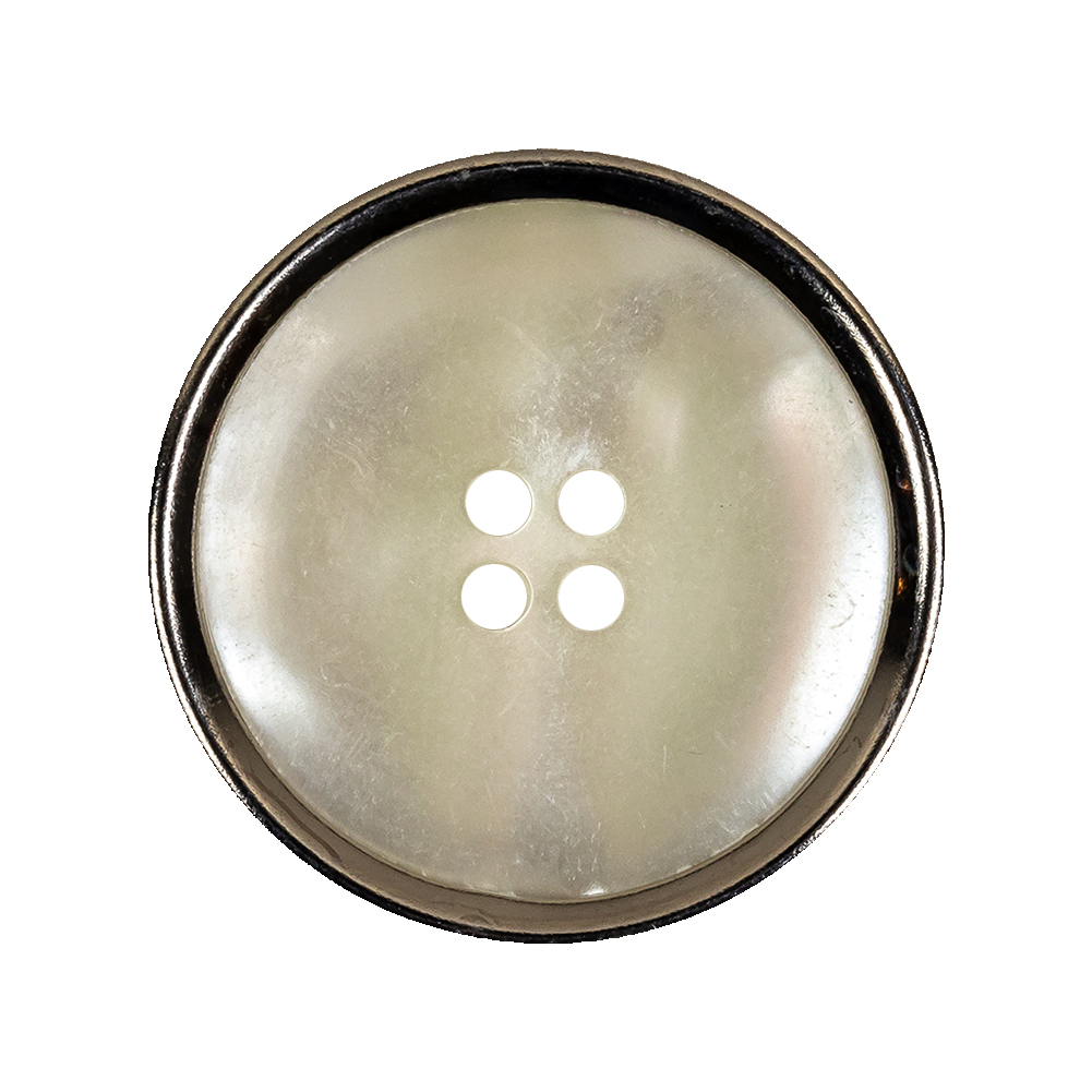 Italian Iridescent White 4 Hole Button with Silver Metal Rim – 44L/28mm Italian Iridescent White 4 Hole Button with Silver Metal Rim – 44L/28mm