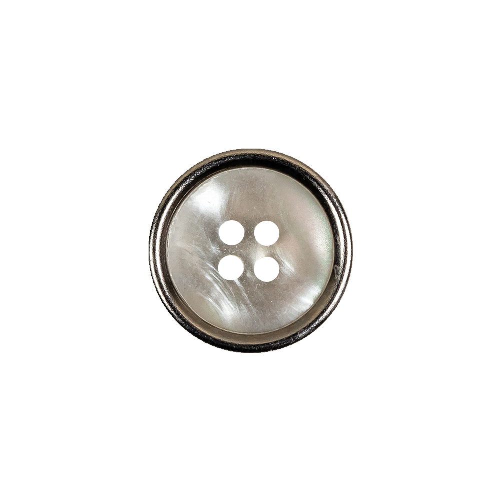 Italian Iridescent White 4 Hole Button with Silver Metal Rim – 25L/16mm Italian Iridescent White 4 Hole Button with Silver Metal Rim – 25L/16mm