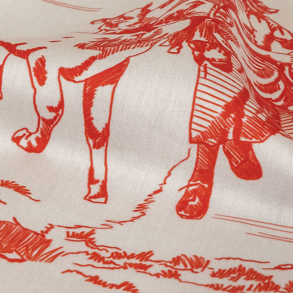 Cherry Tomato and White Classic Toile de Jouy Mercerized Organic Egyptian Cotton Shirting