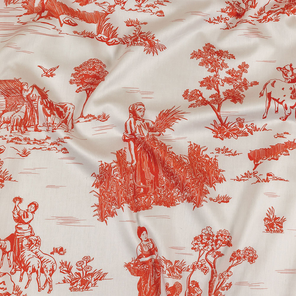 Cherry Tomato and White Classic Toile de Jouy Mercerized Organic Egyptian Cotton Shirting Cherry Tomato and White Classic Toile de Jouy Mercerized Organic Egyptian Cotton Shirting