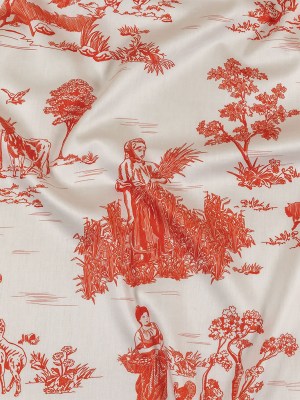 Cherry Tomato and White Classic Toile de Jouy Mercerized Organic Egyptian Cotton Shirting Cherry Tomato and White Classic Toile de Jouy Mercerized Organic Egyptian Cotton Shirting