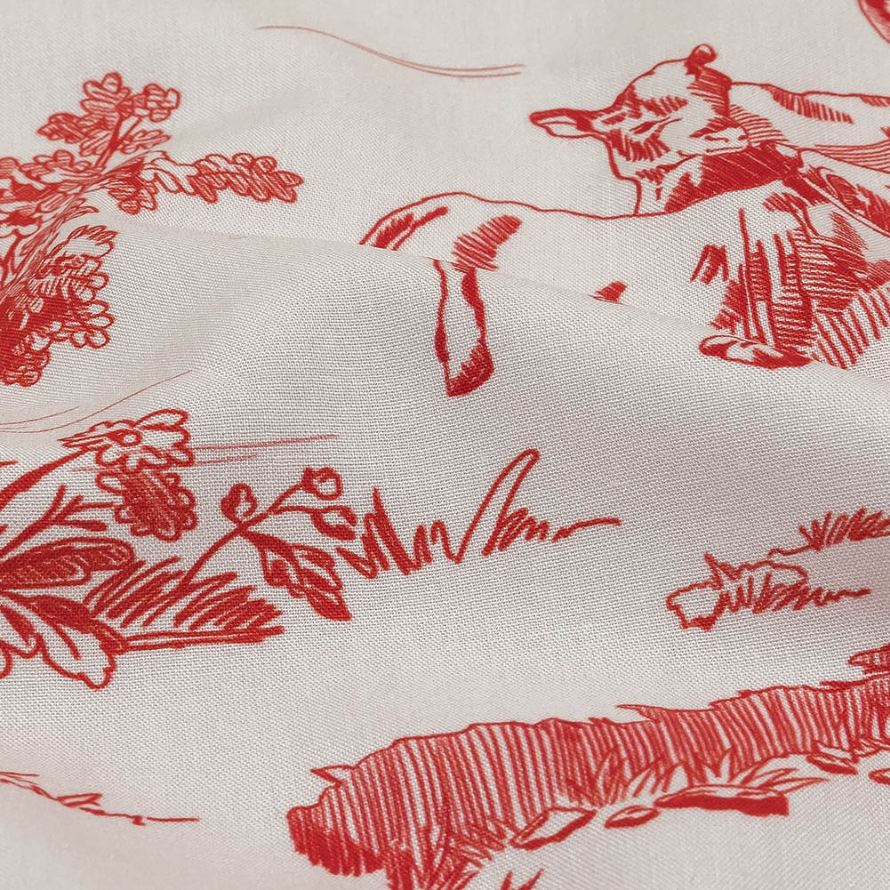 Cherry Tomato and White Classic Toile de Jouy Viscose Batiste Cherry Tomato and White Classic Toile de Jouy Viscose Batiste