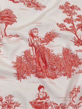 Cherry Tomato and White Classic Toile de Jouy Viscose Batiste Cherry Tomato and White Classic Toile de Jouy Viscose Batiste