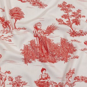Cherry Tomato and White Classic Toile de Jouy Viscose Batiste Cherry Tomato and White Classic Toile de Jouy Viscose Batiste