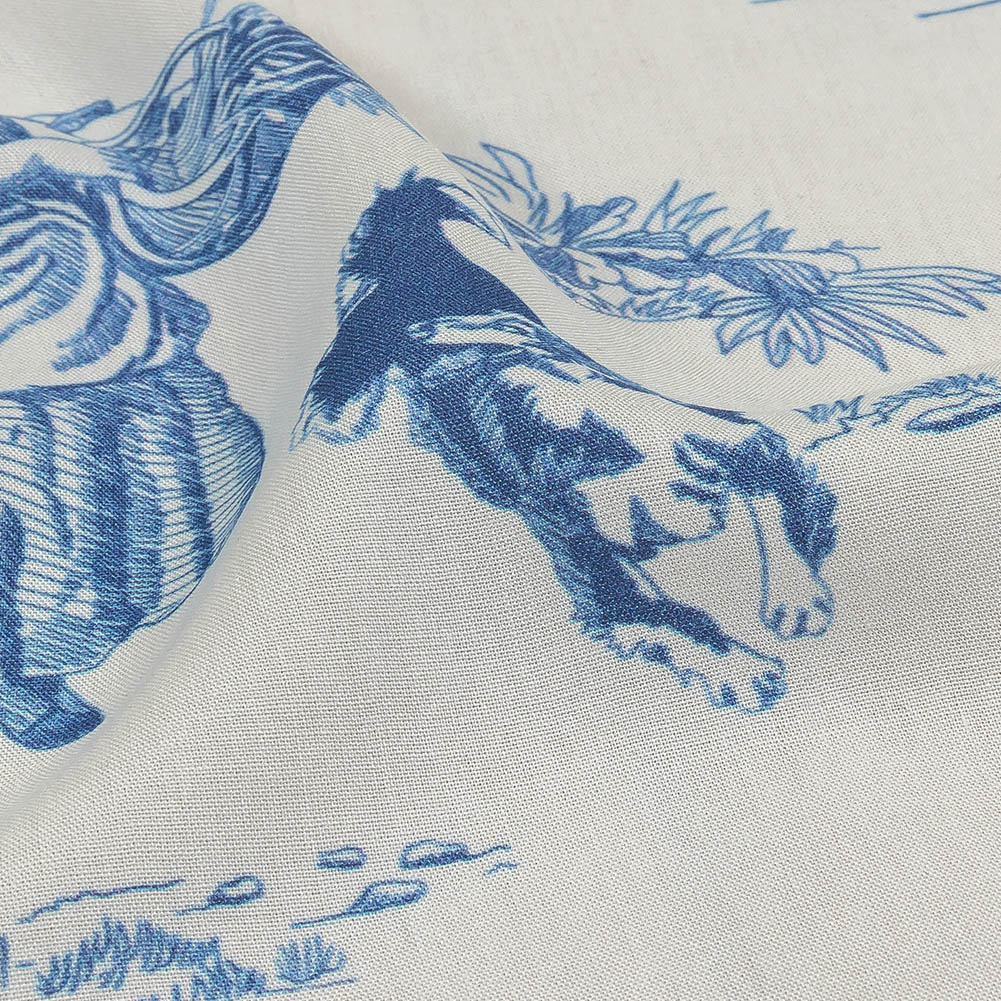 Cobalt and White Classic Toile de Jouy Viscose Batiste Cobalt and White Classic Toile de Jouy Viscose Batiste