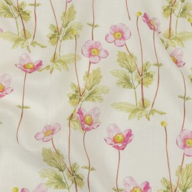 Pink, Green and White Anemone Flower Medium Weight Linen Woven Pink, Green and White Anemone Flower Medium Weight Linen Woven