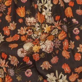 Red, Orange and Dark Brown Bouquets Stretch Linen and Rayon Woven Red, Orange and Dark Brown Bouquets Stretch Linen and Rayon Woven
