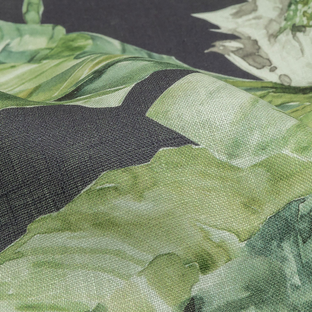 Green and Navy Succulent Leaves Medium Weight Linen Woven