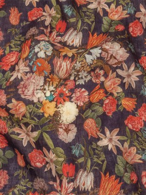 Red, Orange and Eggplant Bouquets Lightweight Linen Woven Red, Orange and Eggplant Bouquets Lightweight Linen Woven