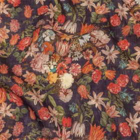 Red, Orange and Eggplant Bouquets Lightweight Linen Woven Red, Orange and Eggplant Bouquets Lightweight Linen Woven