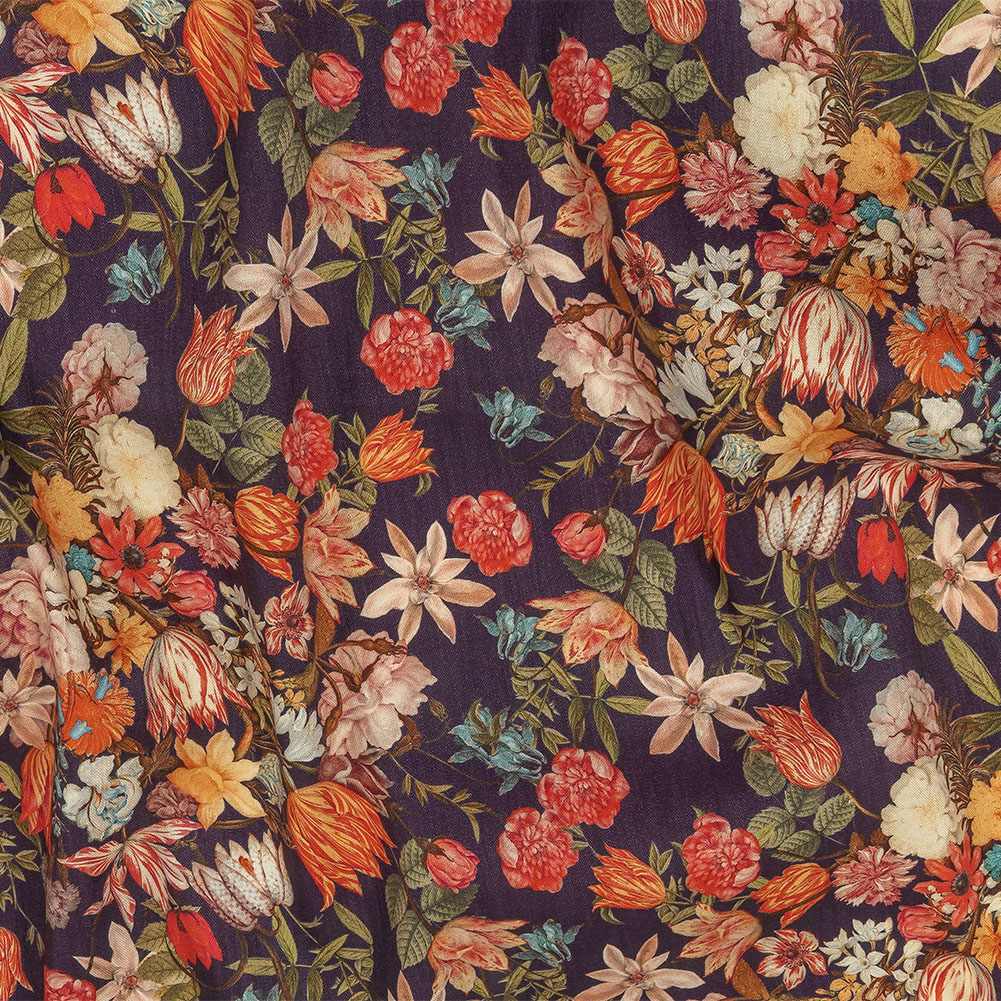 Red, Orange and Eggplant Bouquets Stretch Linen and Rayon Woven Red, Orange and Eggplant Bouquets Stretch Linen and Rayon Woven