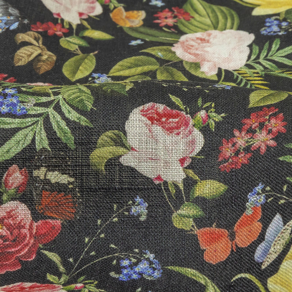 Black, Pink and Yellow Butterfly Garden Medium Weight Linen Woven