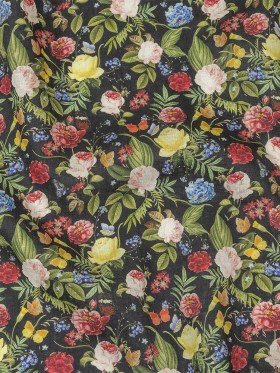 Black, Pink and Yellow Butterfly Garden Medium Weight Linen Woven Black, Pink and Yellow Butterfly Garden Medium Weight Linen Woven