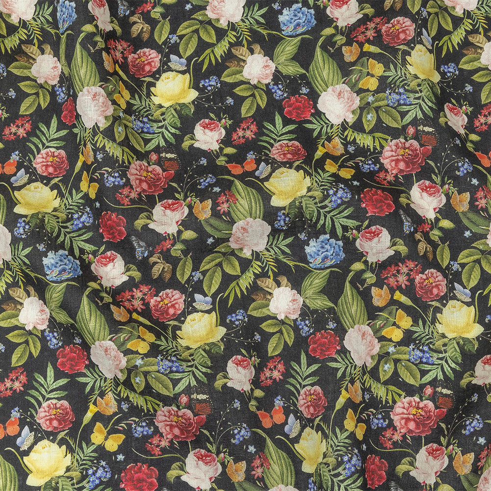 Black, Pink and Yellow Butterfly Garden Medium Weight Linen Woven Black, Pink and Yellow Butterfly Garden Medium Weight Linen Woven