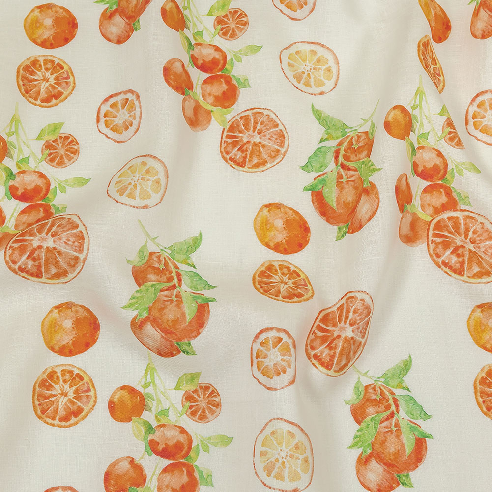 White, Orange and Green Citrus Medium Weight Linen Woven White, Orange and Green Citrus Medium Weight Linen Woven