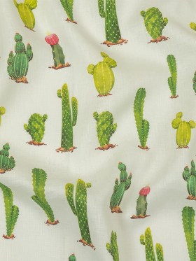Green and Ivory Cactuses Medium Weight Linen Woven Green and Ivory Cactuses Medium Weight Linen Woven