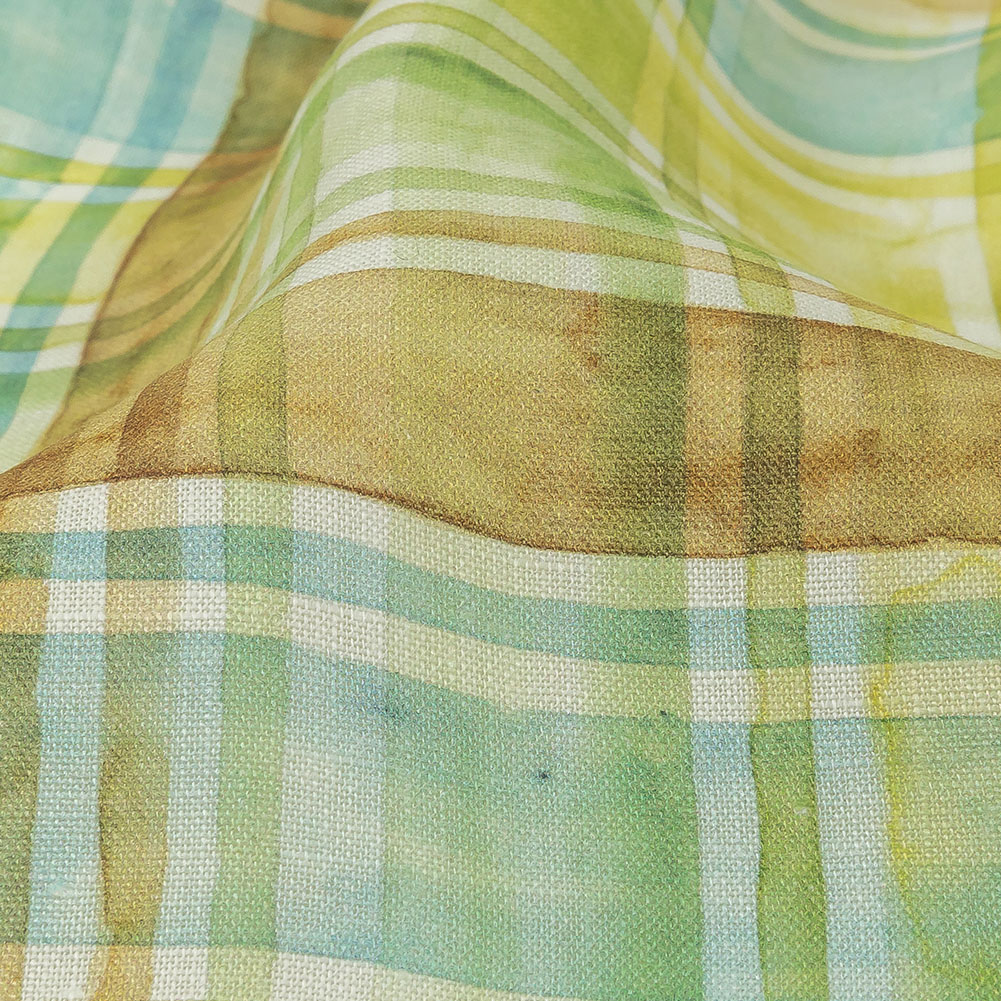 Yellow, Blue and Brown Watercolor Plaid Medium Weight Linen Woven