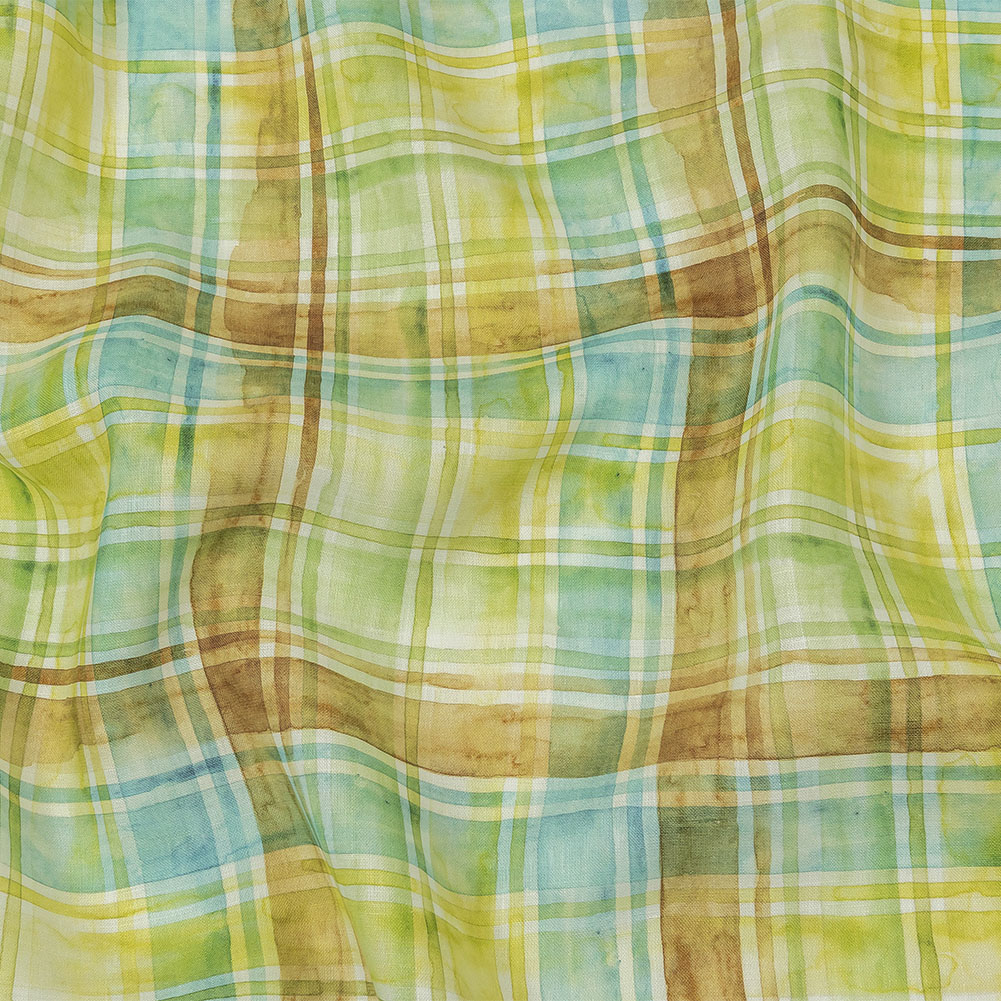 Yellow, Blue and Brown Watercolor Plaid Medium Weight Linen Woven Yellow, Blue and Brown Watercolor Plaid Medium Weight Linen Woven