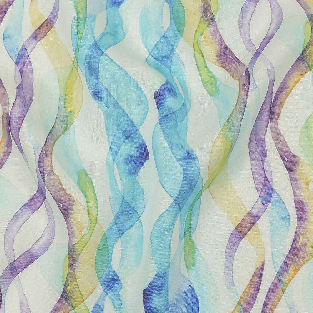 Turquoise, Lime and Eggplant Watercolor Waves Medium Weight Linen Woven Turquoise, Lime and Eggplant Watercolor Waves Medium Weight Linen Woven