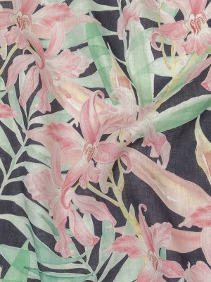 Pink, Green and Black Lilies Medium Weight Linen Woven Pink, Green and Black Lilies Medium Weight Linen Woven