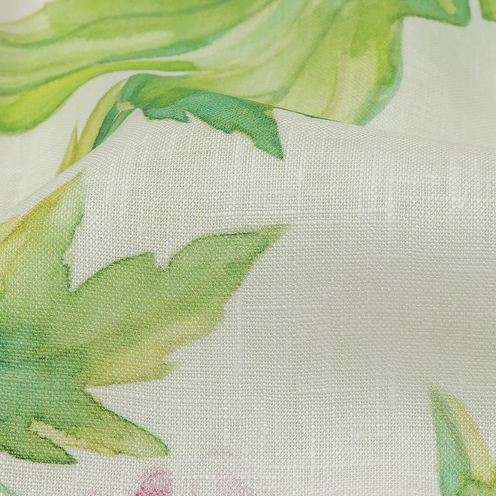 Pink, Green and White Watercolor Roses Medium Weight Linen Woven