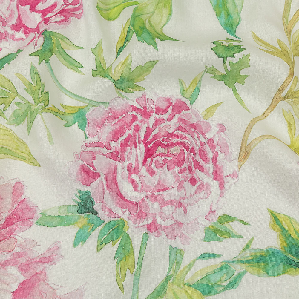 Pink, Green and White Watercolor Roses Medium Weight Linen Woven Pink, Green and White Watercolor Roses Medium Weight Linen Woven