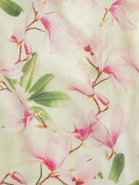 Pink and Green Magnolia Blooms Medium Weight Linen Woven Pink and Green Magnolia Blooms Medium Weight Linen Woven