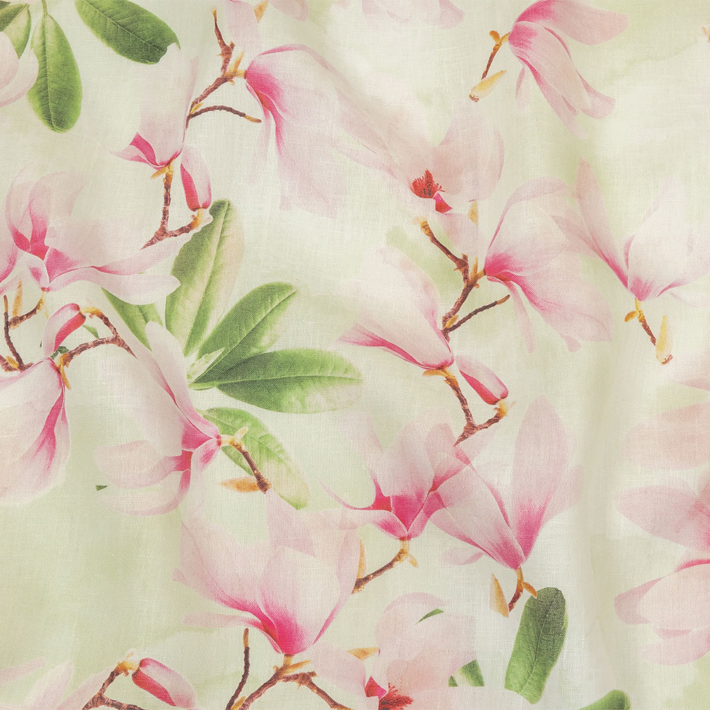 Pink and Green Magnolia Blooms Medium Weight Linen Woven Pink and Green Magnolia Blooms Medium Weight Linen Woven