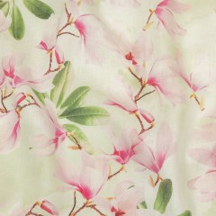 Pink and Green Magnolia Blooms Medium Weight Linen Woven Pink and Green Magnolia Blooms Medium Weight Linen Woven