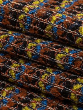 Italian Burnt Orange, Key Lime and Bright Blue Striped Boucle Wool Sweater Knit Italian Burnt Orange, Key Lime and Bright Blue Striped Boucle Wool Sweater Knit