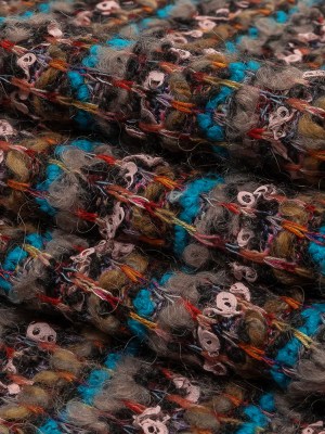 Italian Turquoise, Greige, and Pink Striped Boucle Wool Sweater Knit Italian Turquoise, Greige, and Pink Striped Boucle Wool Sweater Knit