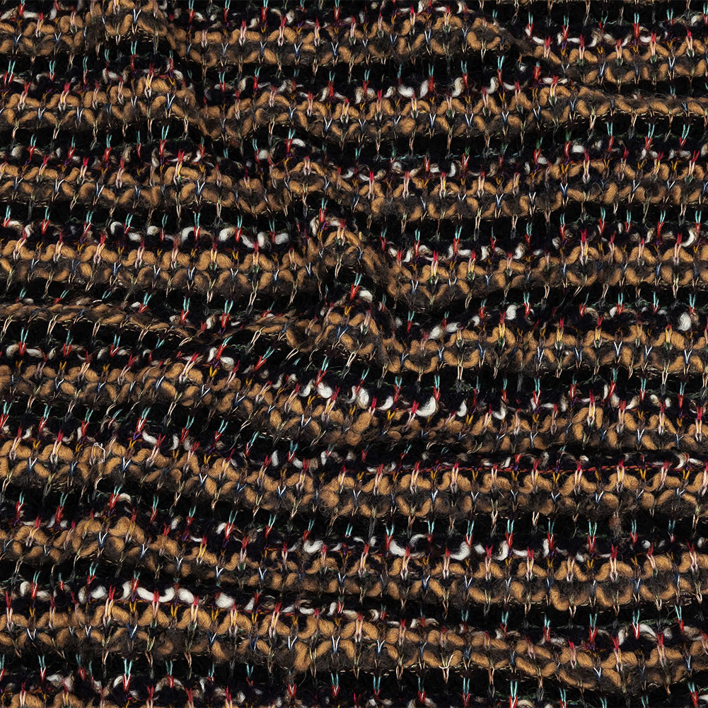 Italian Camel, Gray, and Navy Striped Boucle Wool Sweater Knit Italian Camel, Gray, and Navy Striped Boucle Wool Sweater Knit