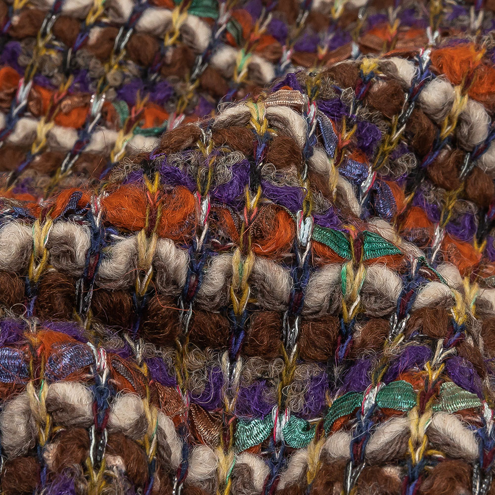 Brown, Orange and Purple Striped Boucle Wool Sweater Knit with Metallic SIlver Accents