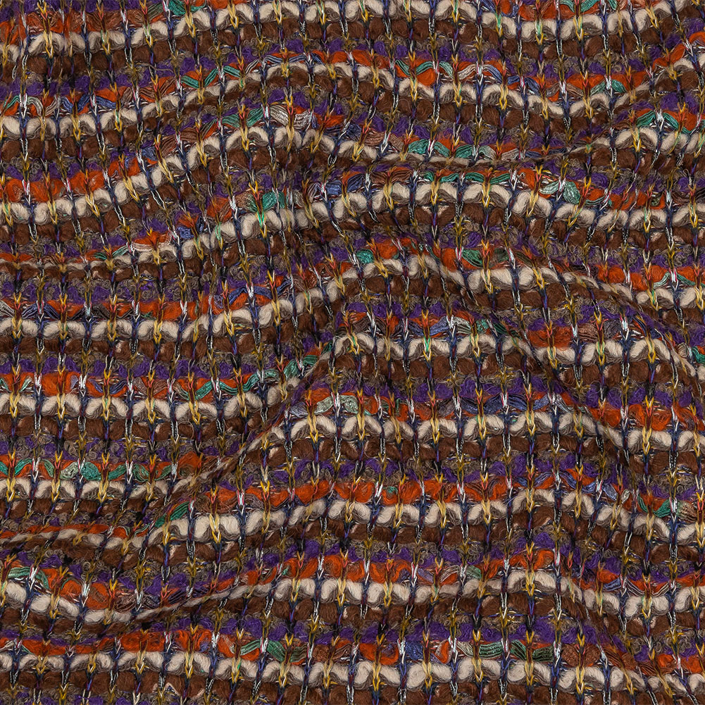 Brown, Orange and Purple Striped Boucle Wool Sweater Knit with Metallic SIlver Accents Brown, Orange and Purple Striped Boucle Wool Sweater Knit with Metallic SIlver Accents