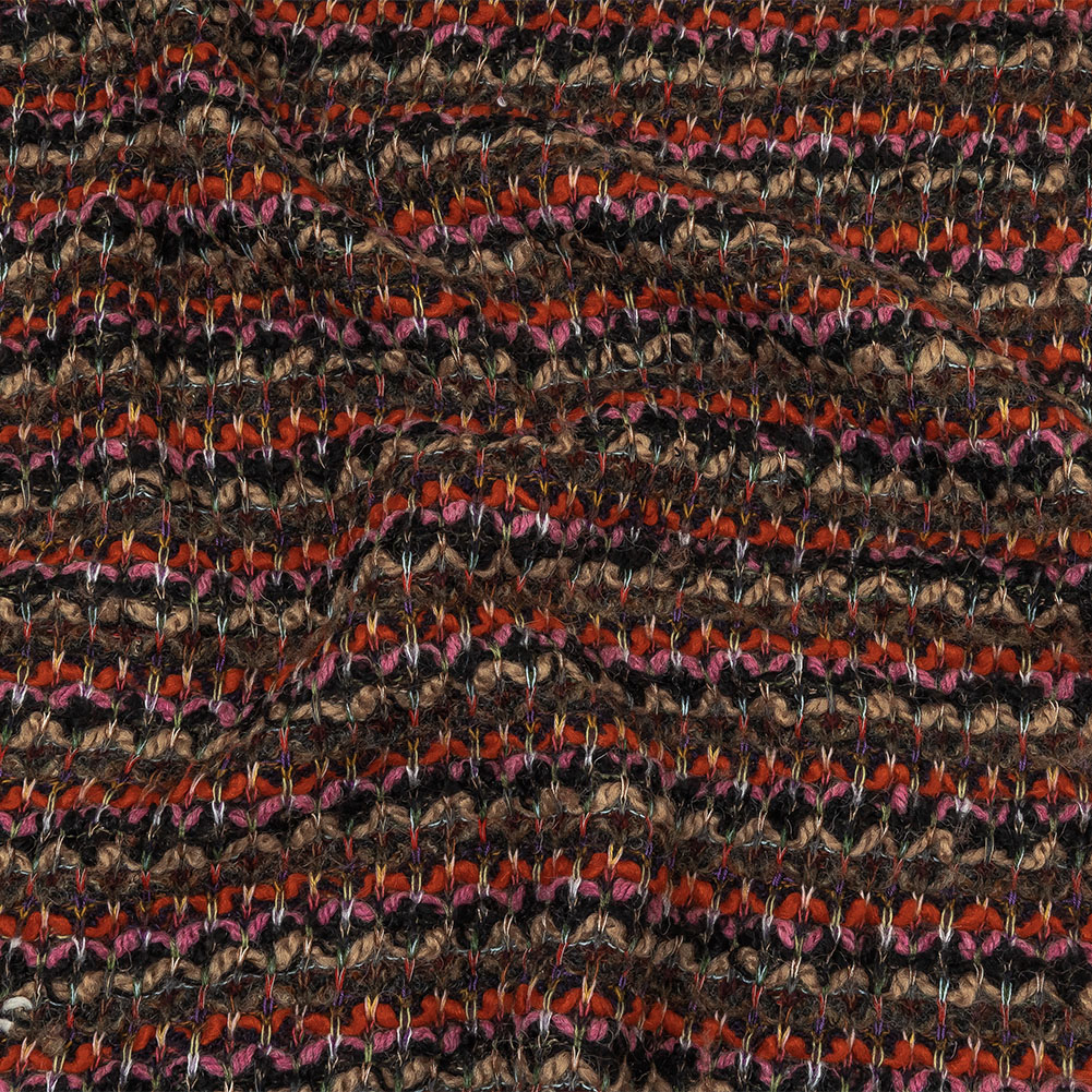 Italian Pink, Black and Orange Striped Boucle Chunky Blended Wool Sweater Knit Italian Pink, Black and Orange Striped Boucle Chunky Blended Wool Sweater Knit