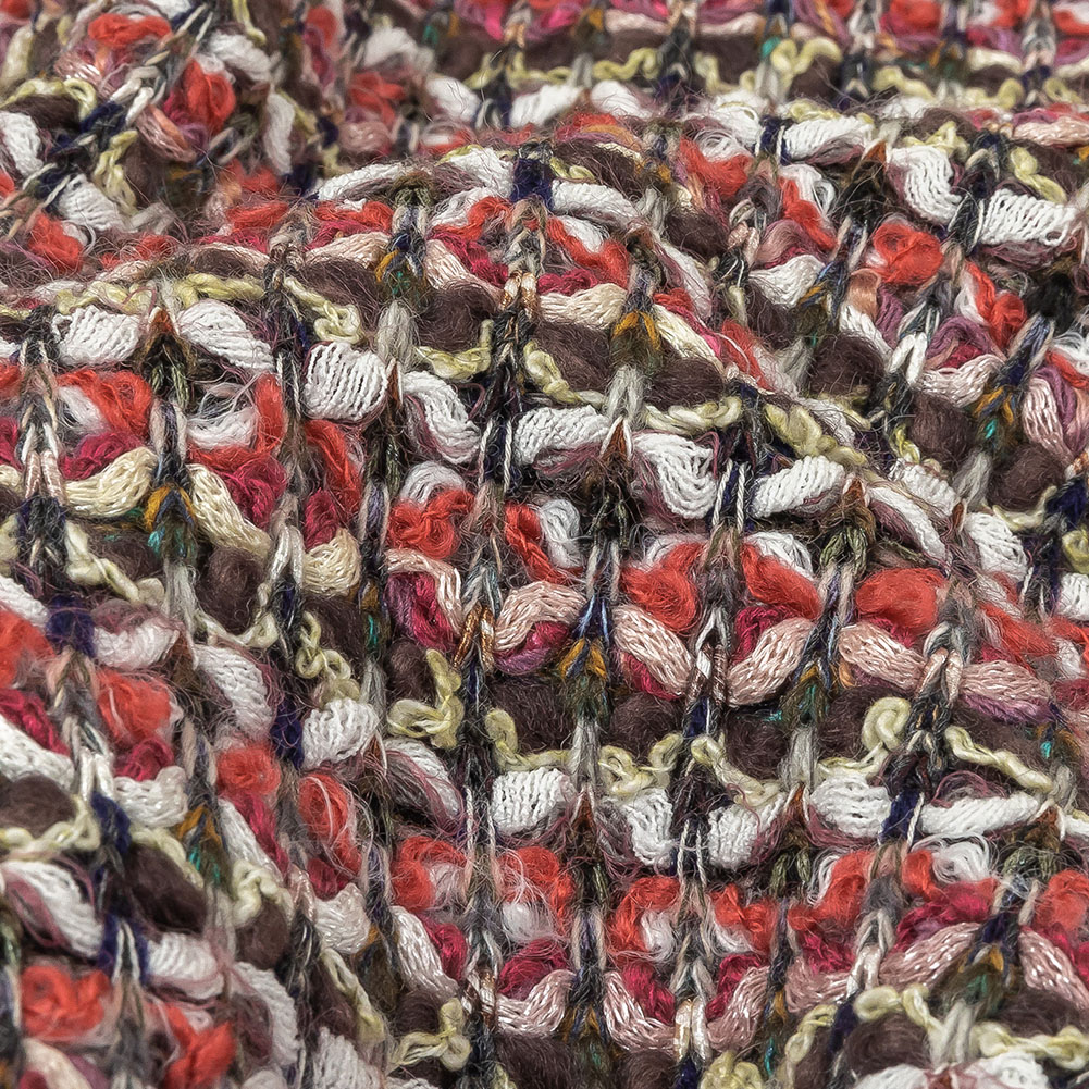 Italian Pink, White, and Olive Striped Boucle Chunky Blended Wool Sweater Knit