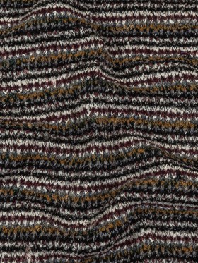 Burgundy, Cream and Metallic Silver Striped Boucle Blended Wool Sweater Knit with Black Eyelash Fringe Burgundy, Cream and Metallic Silver Striped Boucle Blended Wool Sweater Knit with Black Eyelash Fringe