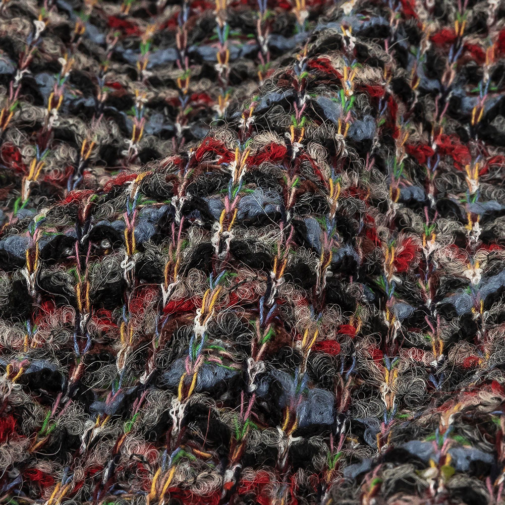 Italian Dusty Blue, Charcoal and Red Striped Boucle Blended Wool Sweater Knit