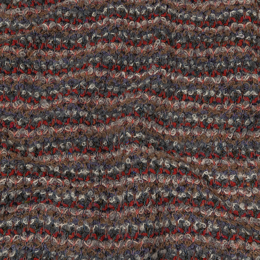 Italian Gray, Beige, and Red Striped Boucle Blended Wool Sweater Knit with Clear Baby Sequins Italian Gray, Beige, and Red Striped Boucle Blended Wool Sweater Knit with Clear Baby Sequins