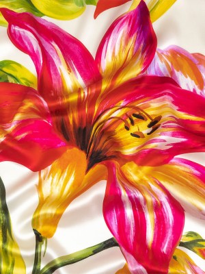 Mood Exclusive Italian Magenta, Orange and Green Lilies Silk Charmeuse Mood Exclusive Italian Magenta, Orange and Green Lilies Silk Charmeuse