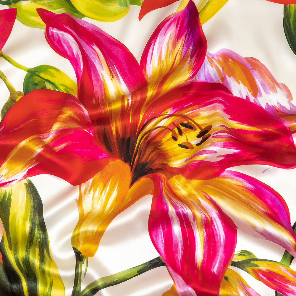 Mood Exclusive Italian Magenta, Orange and Green Lilies Silk Charmeuse Mood Exclusive Italian Magenta, Orange and Green Lilies Silk Charmeuse