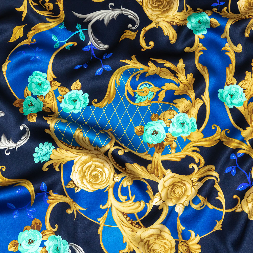 Mood Exclusive Italian Navy, Blue and Gold Rose Filigree Silk Charmeuse Mood Exclusive Italian Navy, Blue and Gold Rose Filigree Silk Charmeuse