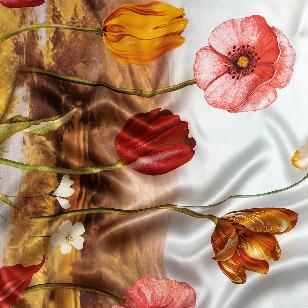 Mood Exclusive Italian Bit of Blue, Olive and Pink Pastoral Floral Border Printed Silk Charmeuse Mood Exclusive Italian Bit of Blue, Olive and Pink Pastoral Floral Border Printed Silk Charmeuse