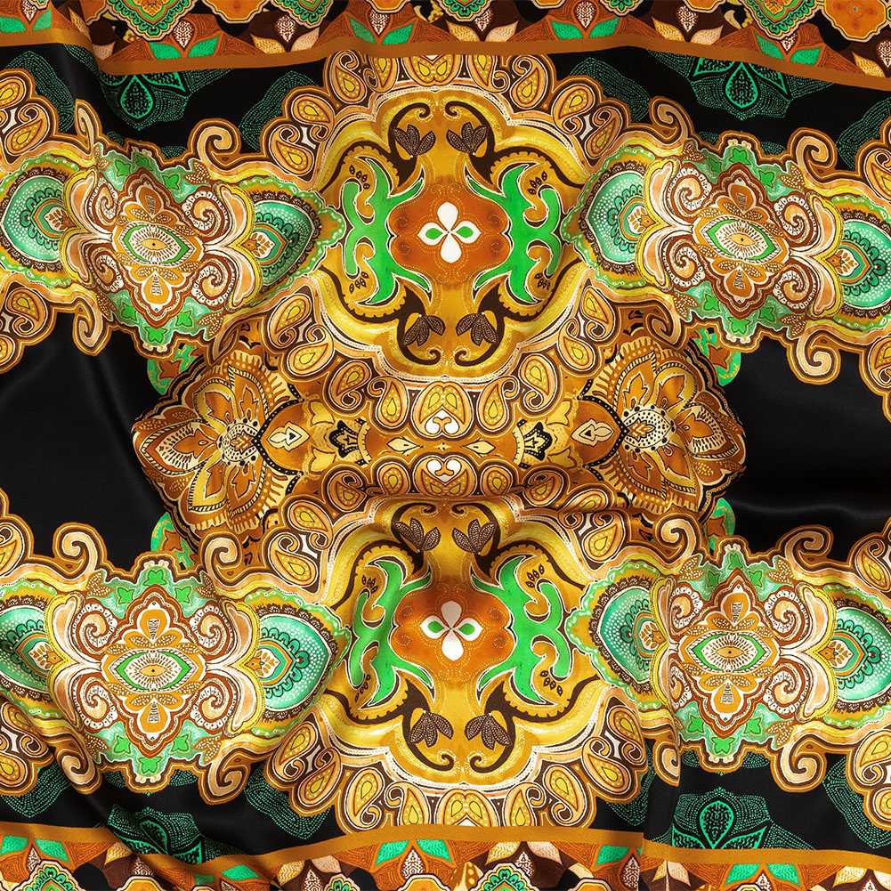 Mood Exclusive Italian Black, Gold and Green Floral Tile Silk Charmeuse Mood Exclusive Italian Black, Gold and Green Floral Tile Silk Charmeuse
