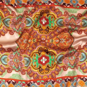 Mood Exclusive Italian Vibrant Green, Red and Orange Floral Tile Silk Charmeuse Mood Exclusive Italian Vibrant Green, Red and Orange Floral Tile Silk Charmeuse